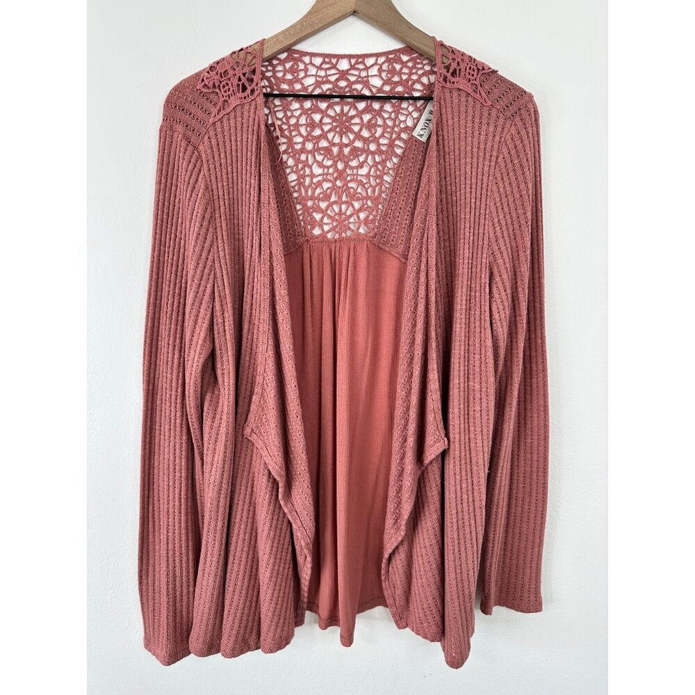 Knox Rose Cardigan Women Large Pink Crochet Floral Ribbed Open Front